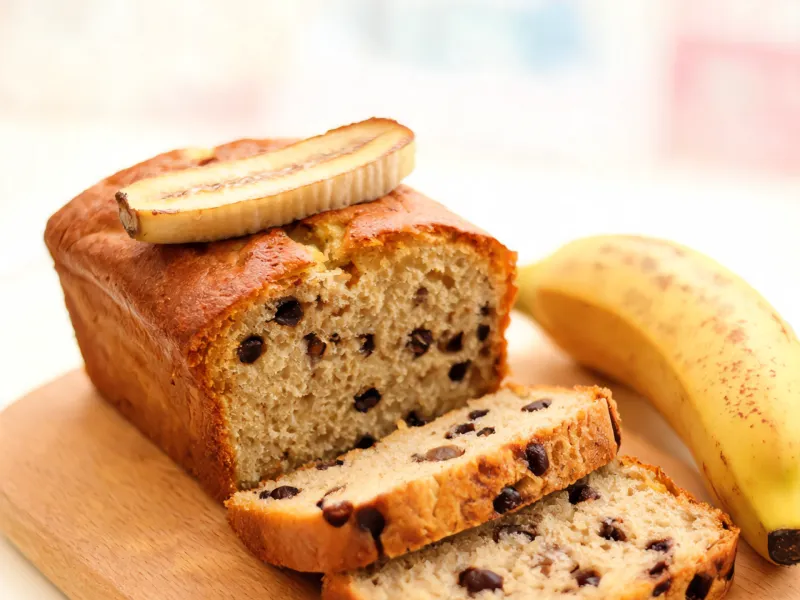 Bananenbrot mit gebackener Banane obendrauf, angeschnitten mit Schokostückchen (KI-generiertes Bild)