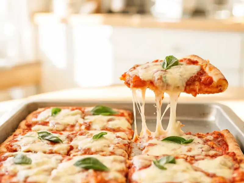 Pizza Margherita vom Blech mit Mozzarella und Basilikum (KI-generiertes Bild)