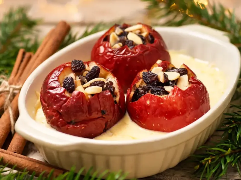 Bratäpfel mit Rosinen-Mandel-Füllung und Vanillesoße (KI-generiertes Bild)