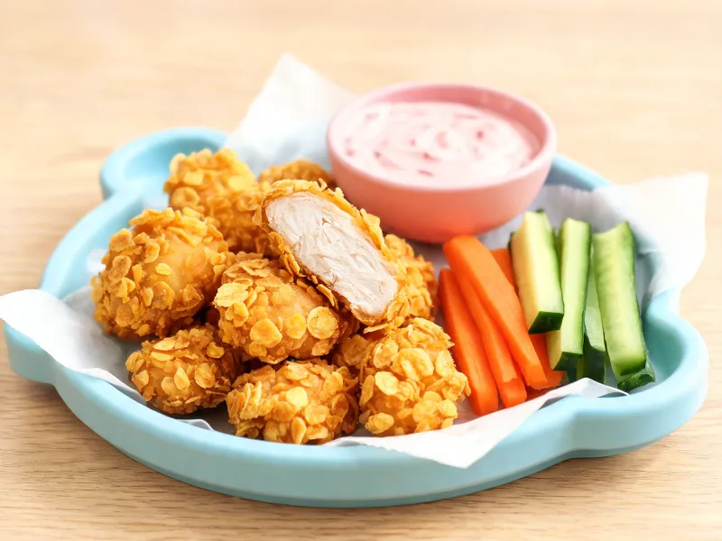 Chicken-Nuggets mit Cornflakes-Panade, einer aufgeschnitten, mit rosa Dip und Gemüsesticks (KI-generiertes Bild)