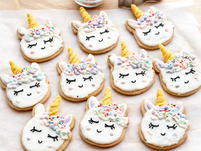 Ausgestochene Butterkekse als Einhornköpfe mit weißem Zuckerguss, goldenem Horn und bunter Mähne (KI-generiertes Bild)