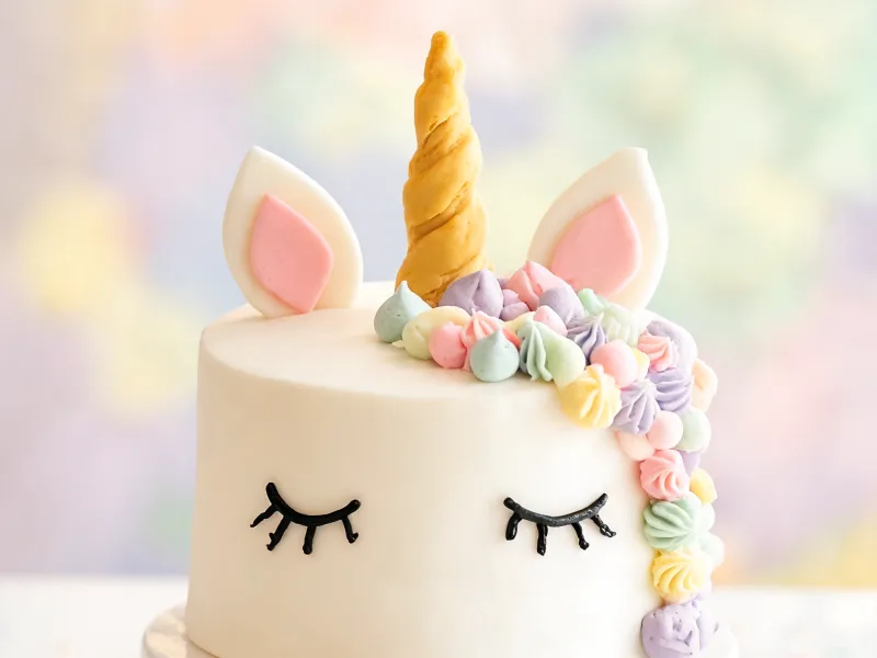 Weiße Fondant-Torte als Einhorn mit bunter Mähne (KI-generiertes Bild)