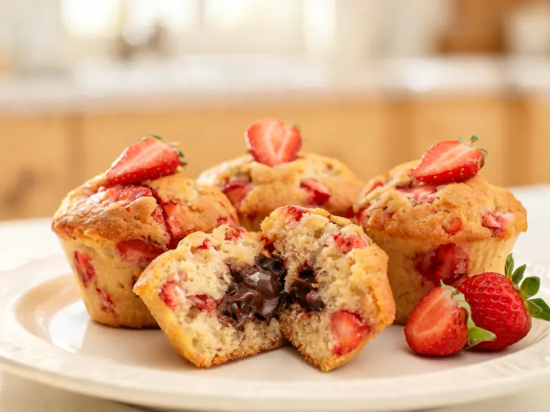 Erdbeer-Muffins, einer aufgeschnitten mit flüssiger Schokoladenfüllung (KI-generiertes Bild)