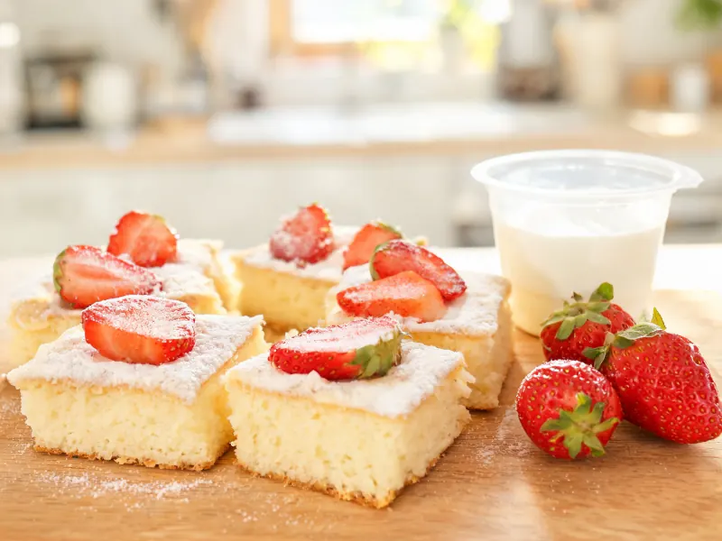 Joghurtbecherkuchen vom Blech mit frischen Erdbeeren (KI-generiertes Bild)