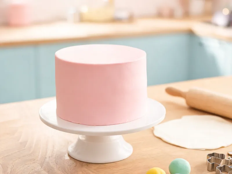 Runde Torte mit glattem rosa Fondant, daneben Nudelholz, Fondant-Kugeln und Ausstecher (KI-generiertes Bild)