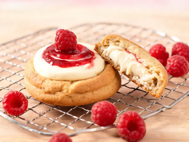 Weiche Cookies mit Frischkäse-Füllung, Himbeermarmelade und einer Himbeere in der Mitte (KI-generiertes Bild)