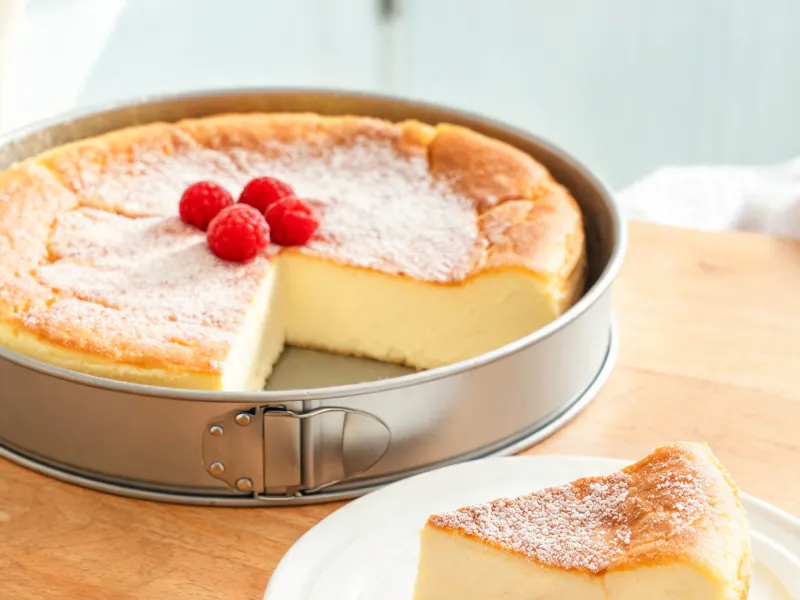 Goldbrauner Käsekuchen ohne Boden, ein Stück auf einem Teller mit Himbeeren (KI-generiertes Bild)