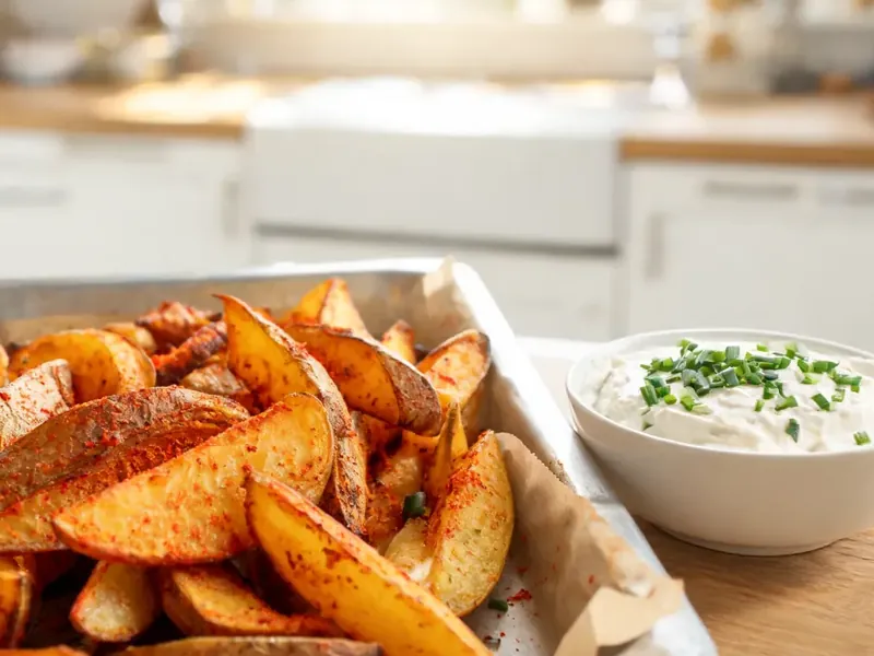 Knusprige Ofen-Kartoffelspalten mit Kräuterquark (KI-generiertes Bild)