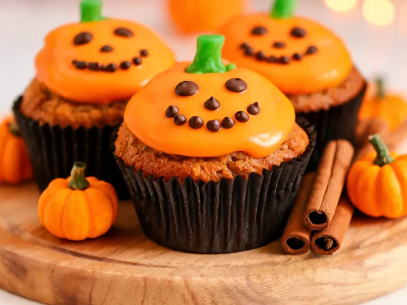 Kürbis-Muffins mit orangem Zuckerguss und Kürbisgesichtern aus Schokotropfen (KI-generiertes Bild)