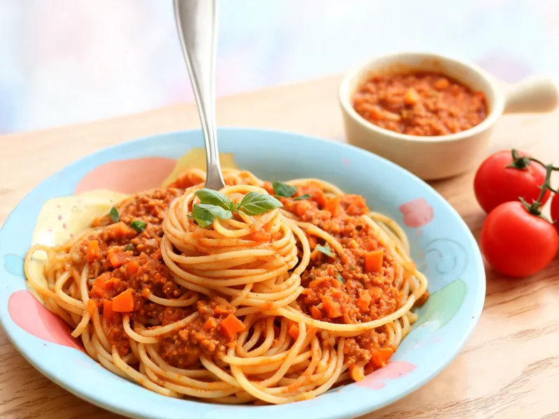 Spaghetti mit roter Linsen-Gemüse-Bolognese und Basilikum (KI-generiertes Bild)
