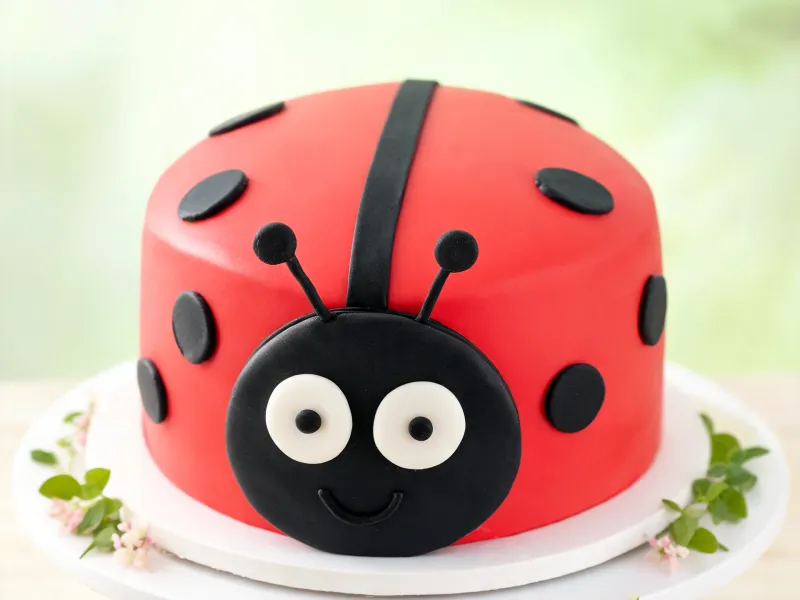 Rote Fondant-Torte als Marienkäfer mit schwarzen Punkten, Kopf mit großen Augen und Fühlern (KI-generiertes Bild)