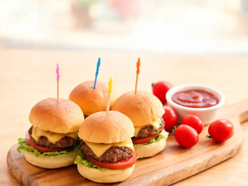 Mini-Burger mit Käse, Salat und Tomate auf einem Holzbrett (KI-generiertes Bild)