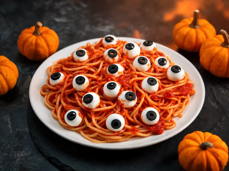 Spaghetti mit Mozzarella-Augen (KI-generiertes Bild)