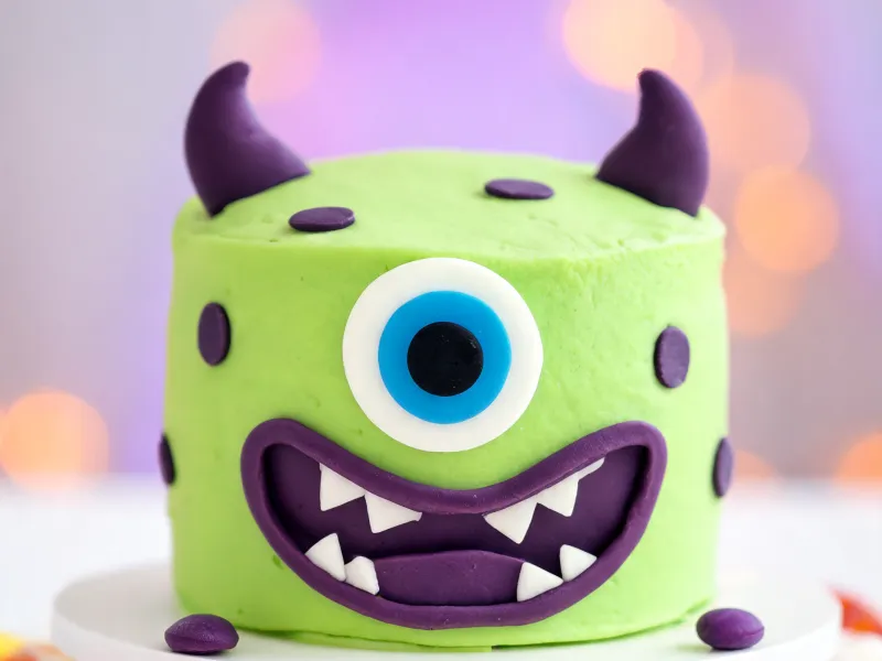 Runde Torte mit hellgrünem Fondant als einäugiges Monster mit lila Zickzack-Mund und Hörnern (KI-generiertes Bild)