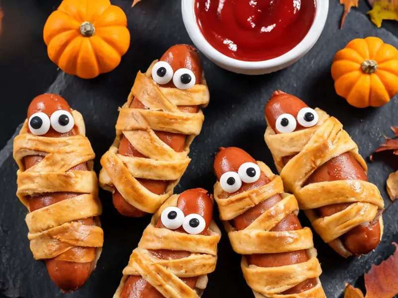 Würstchen im Blätterteig als Mumien mit Zuckeraugen (KI-generiertes Bild)
