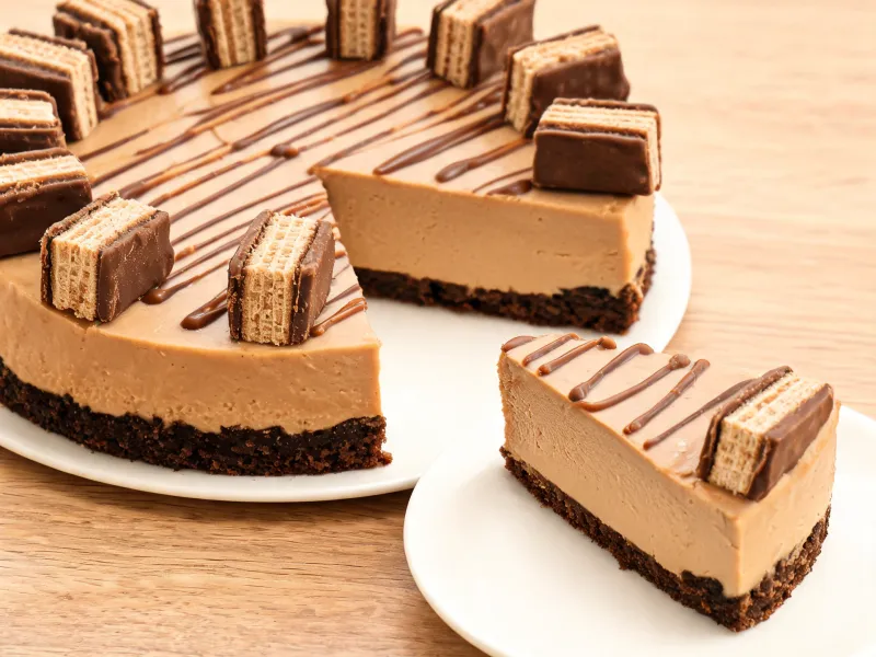Nuss-Cheesecake mit Keksboden, Schokostreifen und aufgestellten Waffelriegel-Stücken (KI-generiertes Bild)