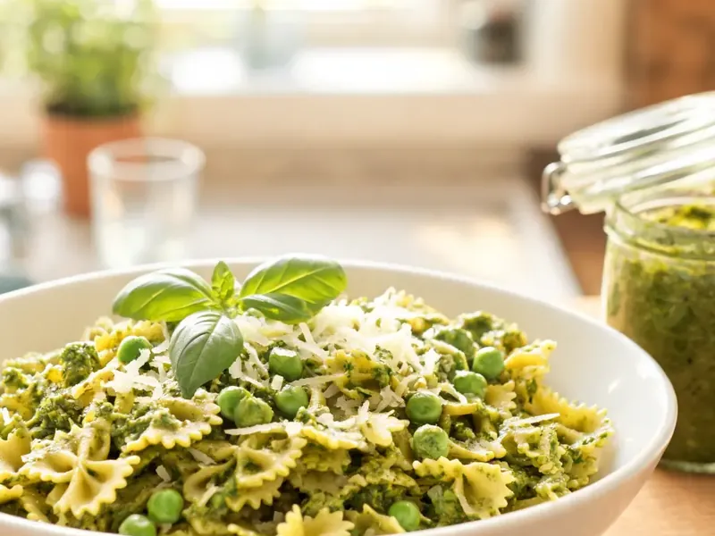 Farfalle mit grünem Basilikum-Pesto und Erbsen (KI-generiertes Bild)
