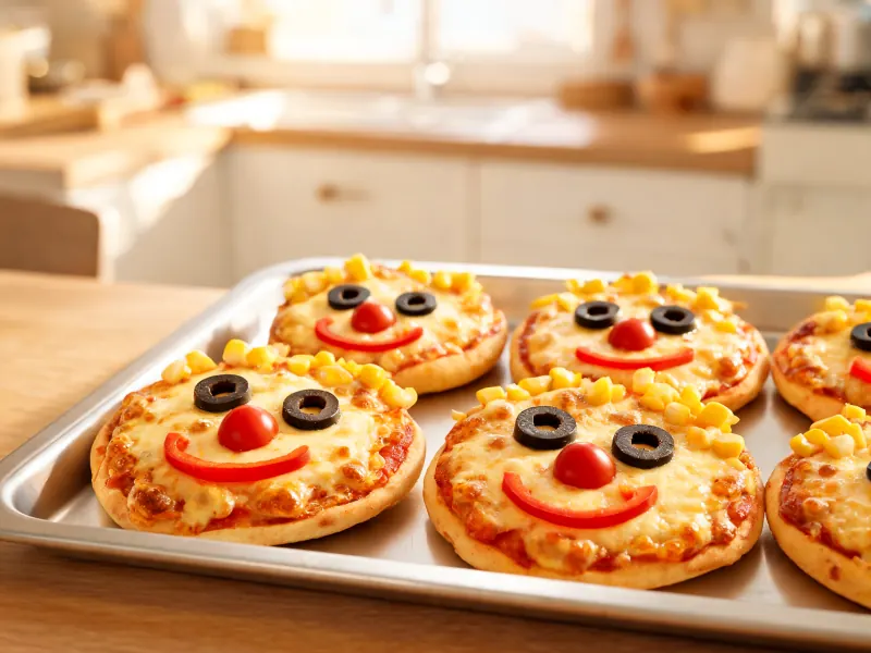 Mini-Pizzen mit lustigen Gesichtern aus Gemüse (KI-generiertes Bild)