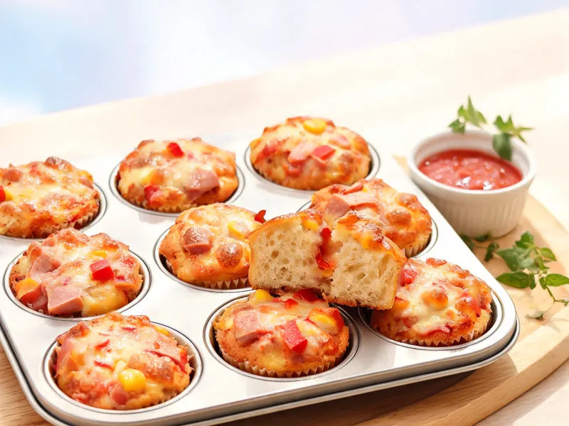 Herzhafte Pizza-Muffins mit Käse, Schinken, Paprika und Mais (KI-generiertes Bild)