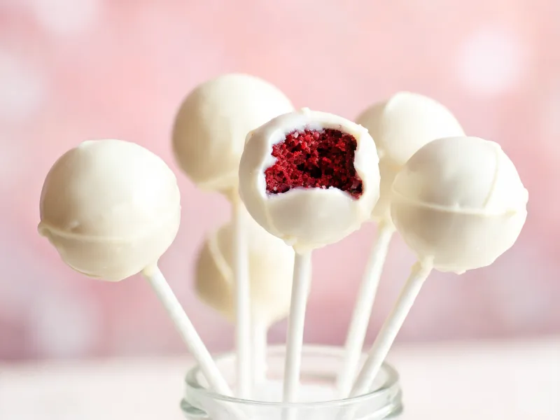Glatt weiß überzogene Cake Pops, einer angebissen mit rotem Kuchen innen (KI-generiertes Bild)
