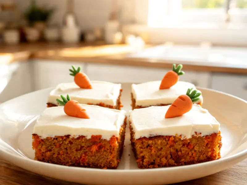 Rüblikuchen vom Blech mit Frischkäse-Creme und Marzipan-Möhrchen (KI-generiertes Bild)