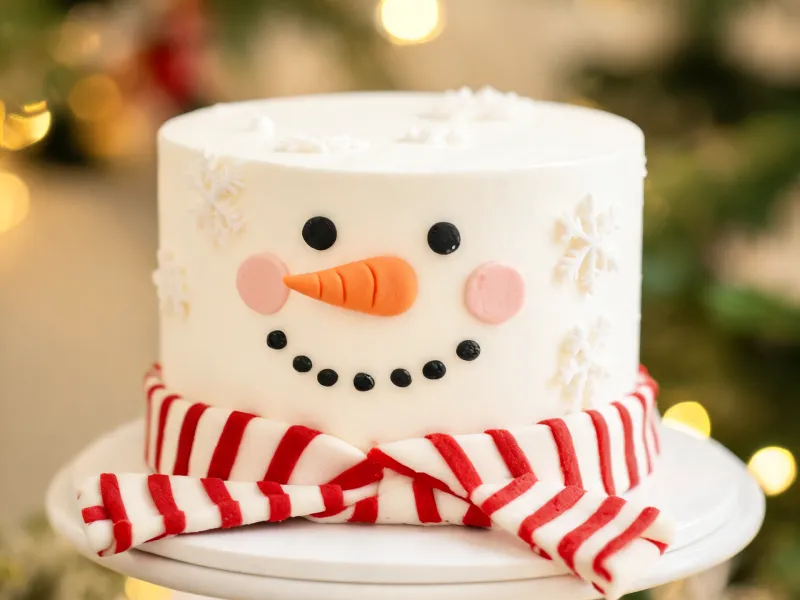 Weiße Fondant-Torte als Schneemann-Gesicht mit Karottennase und rot-weiß gestreiftem Schal (KI-generiertes Bild)