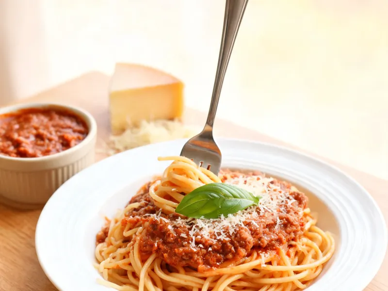 Teller Spaghetti Bolognese mit geriebenem Käse und Basilikum (KI-generiertes Bild)