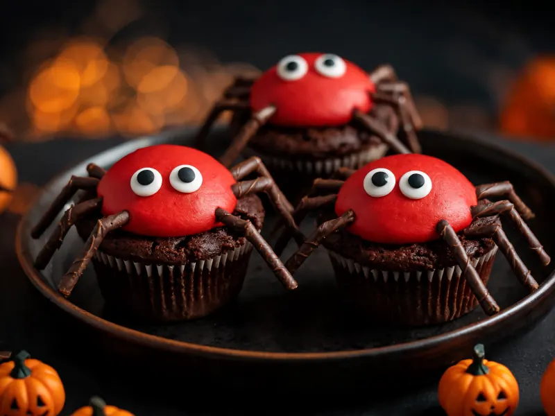 Schoko-Muffins als Spinnen mit rotem Frosting (KI-generiertes Bild)