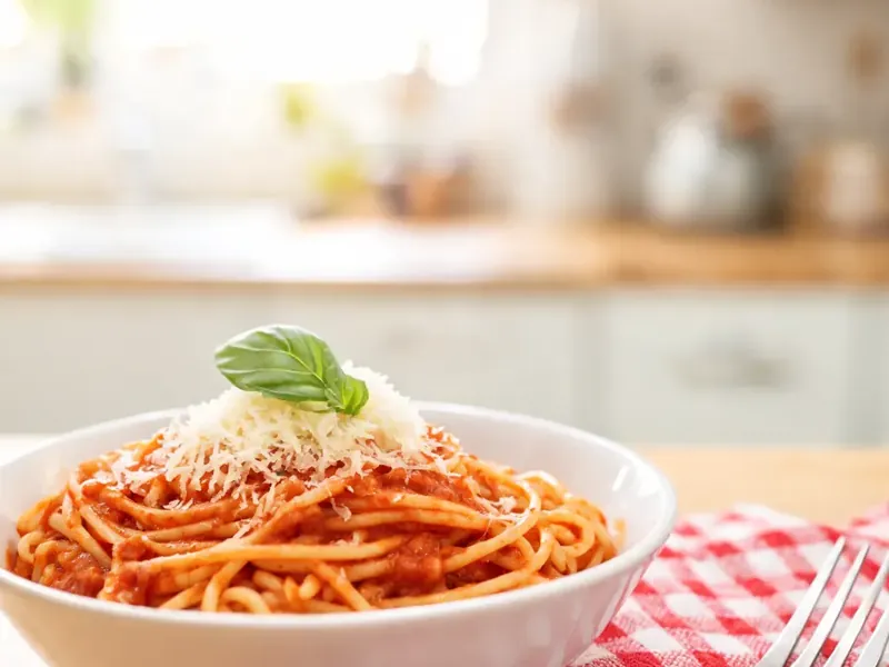 Spaghetti mit Tomatensoße und geriebenem Käse (KI-generiertes Bild)