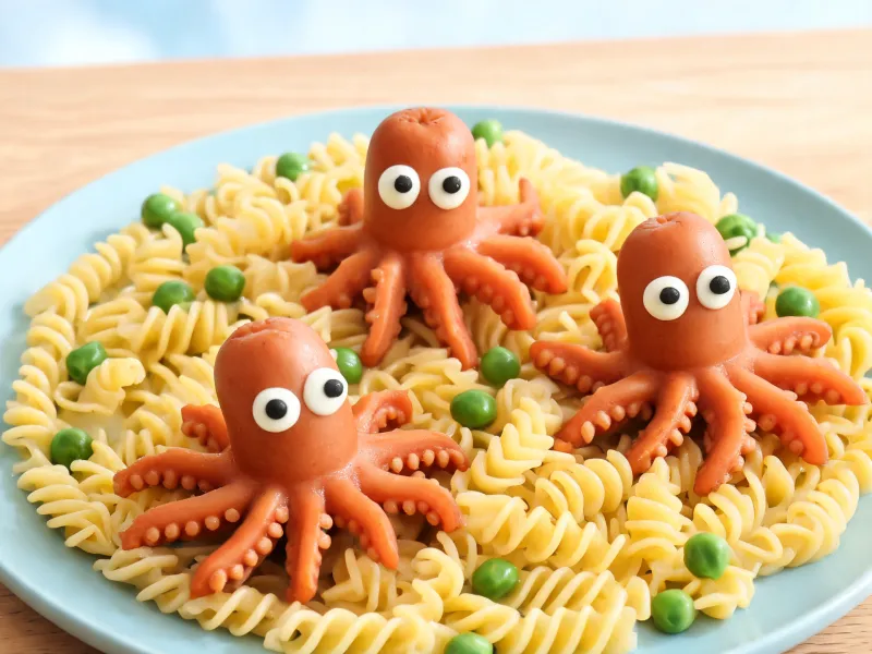 Würstchen als kleine Kraken mit Ringelbeinen auf Spiralnudeln mit Erbsen (KI-generiertes Bild)