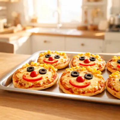 Mini-Pizzen mit lustigen Gesichtern (KI-generiertes Bild)