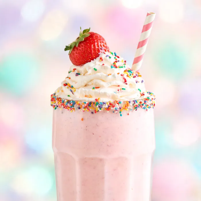 Rosa Erdbeer-Milchshake mit Sahne und Regenbogen-Streuseln am Glasrand (KI-generiertes Bild)