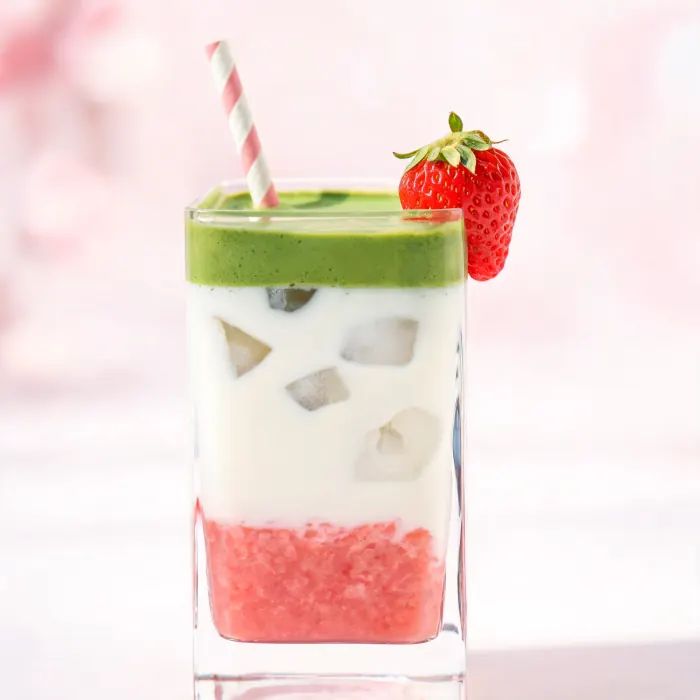 Geschichtetes Getränk mit Erdbeere unten, Milch in der Mitte und grünem Matcha oben (KI-generiertes Bild)