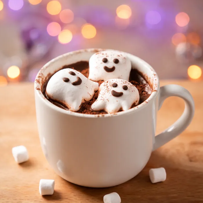 Tasse Kakao mit Marshmallow-Gespenstern mit Schokoaugen (KI-generiertes Bild)