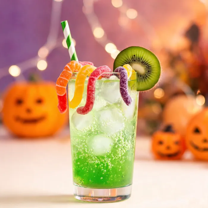 Hellgrüner sprudelnder Kiwi-Apfel-Drink mit Gummiwürmern am Glasrand (KI-generiertes Bild)