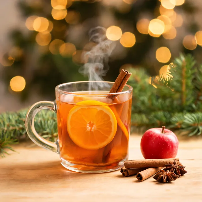 Warmer Apfel-Orangen-Punsch im Glas mit Orangenscheibe und Zimtstange (KI-generiertes Bild)