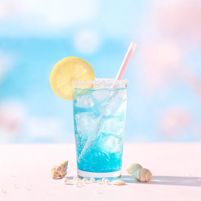 Türkisblaue Limonade mit Zitronenscheibe und Zuckerperlen (KI-generiertes Bild)