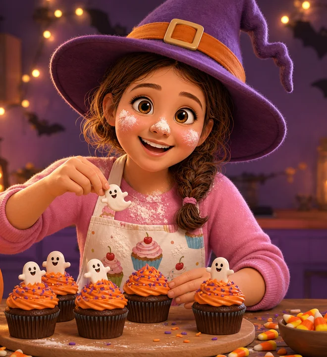 Alexa mit lila Hexenhut verziert Muffins mit Geister-Toppern (KI-generiertes Bild)