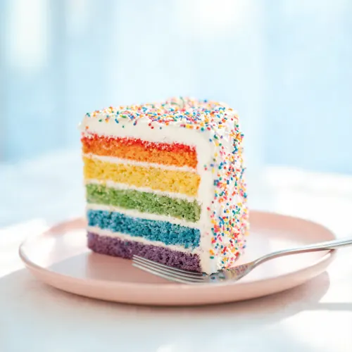 Stück Regenbogentorte (KI-generiertes Bild)