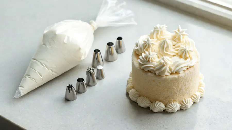 Spritzbeutel mit Tüllen neben einer verzierten Torte (KI-generiertes Bild)