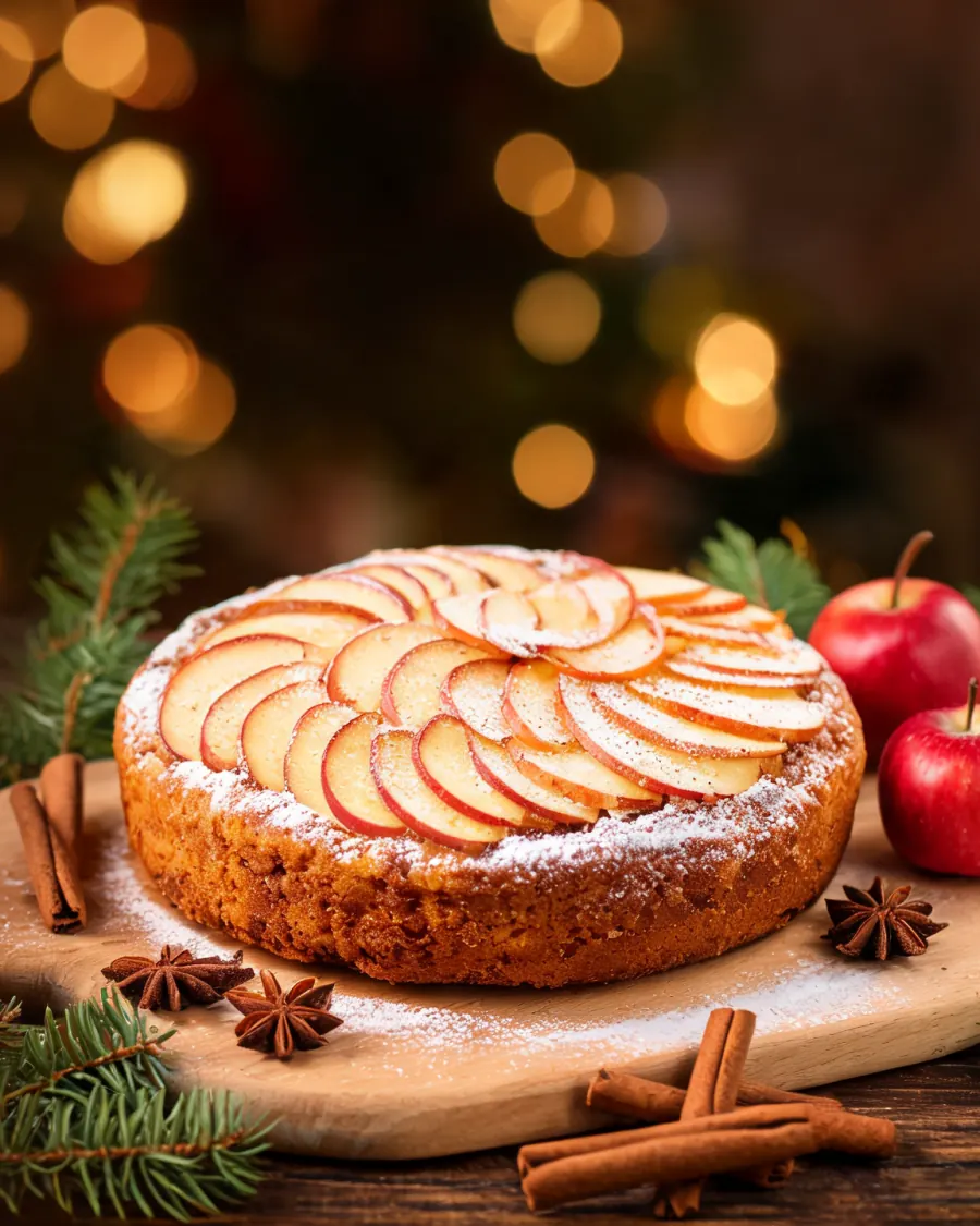 Apfel-Zimt-Kuchen mit Apfelspalten und Puderzucker, daneben Zimtstangen und Tannenzweige (KI-generiertes Bild)