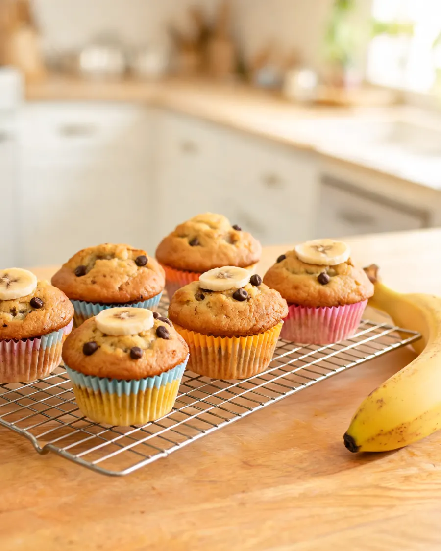 Bananen-Muffins mit Bananenscheiben und Schokotropfen (KI-generiertes Bild)