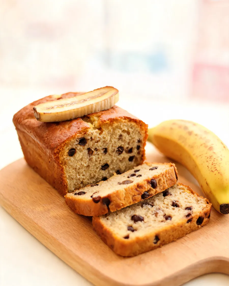 Bananenbrot mit gebackener Banane obendrauf, angeschnitten mit Schokostückchen (KI-generiertes Bild)