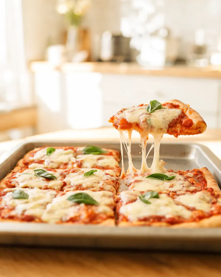 Pizza Margherita vom Blech mit Mozzarella und Basilikum (KI-generiertes Bild)