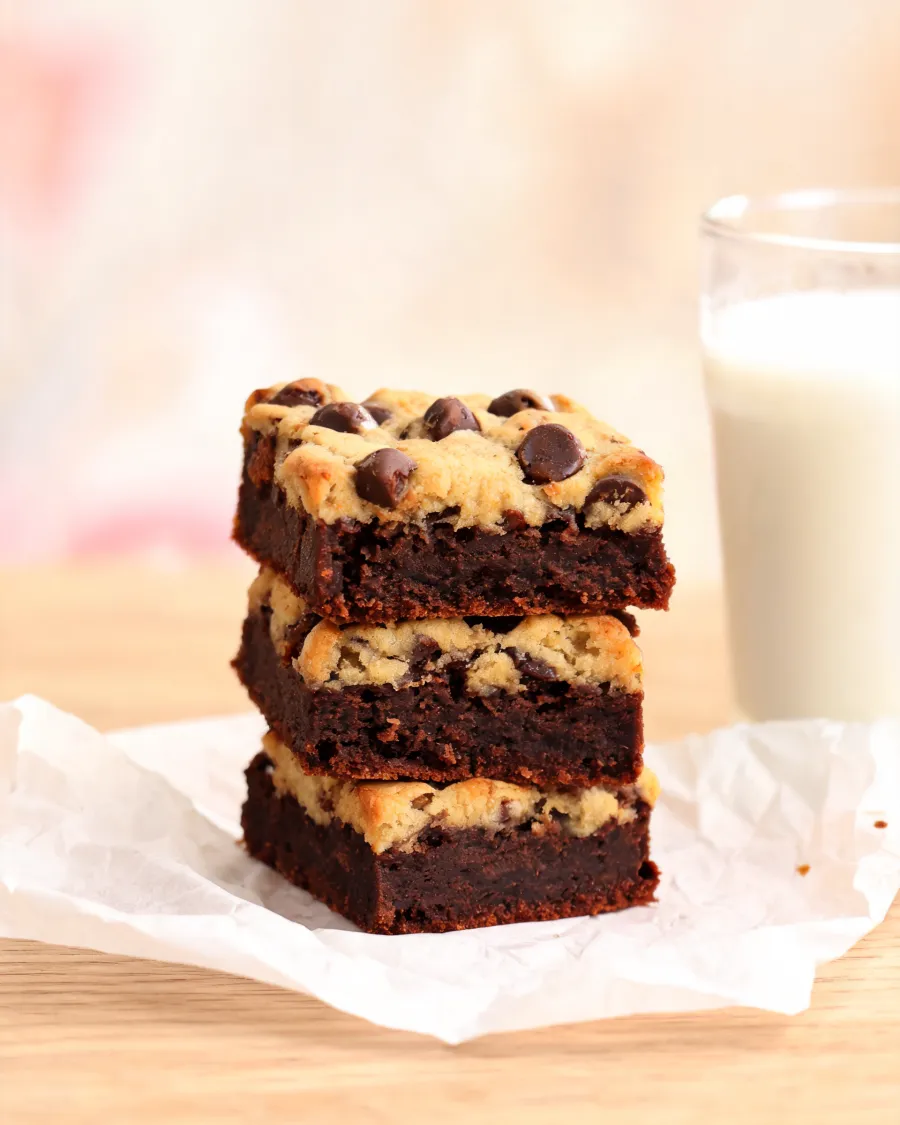 Brookie-Stücke mit Brownie unten und Schokokeks-Schicht oben (KI-generiertes Bild)
