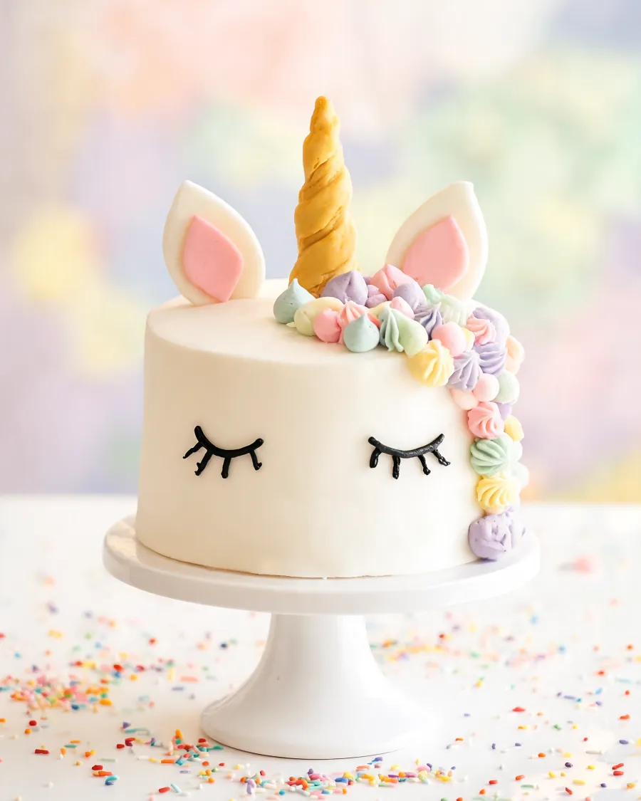 Weiße Fondant-Torte als Einhorn mit goldenem Horn, geschlossenen Augen und bunter Mähne (KI-generiertes Bild)
