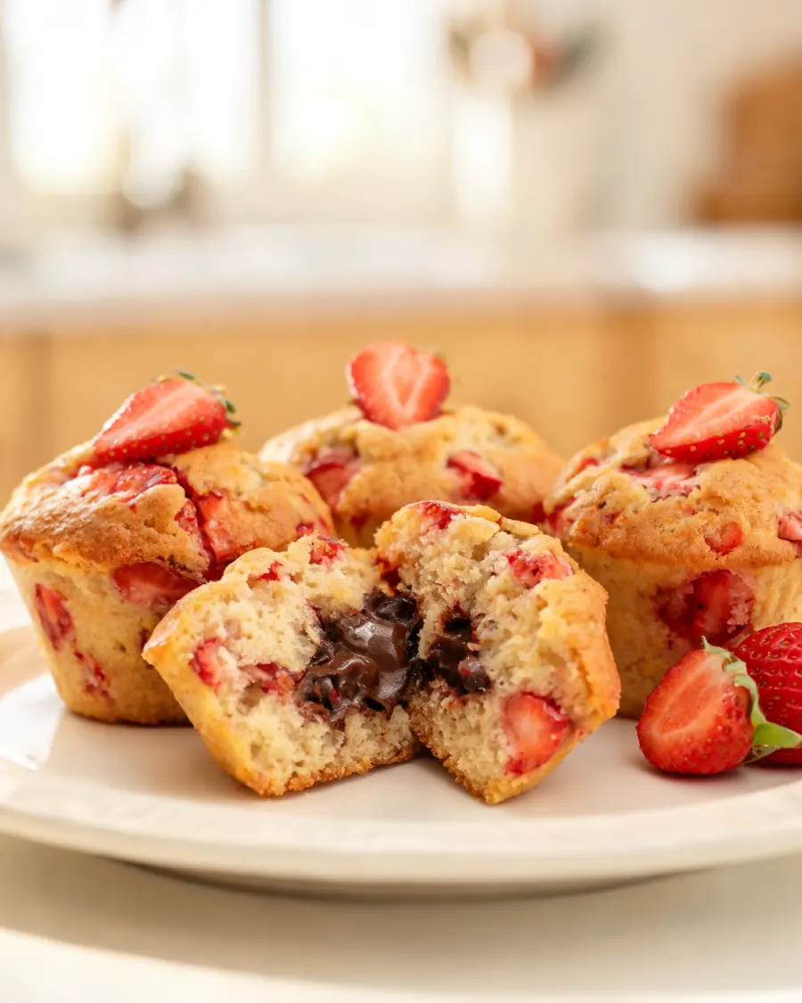 Erdbeer-Muffins, einer aufgeschnitten mit flüssiger Schokoladenfüllung (KI-generiertes Bild)
