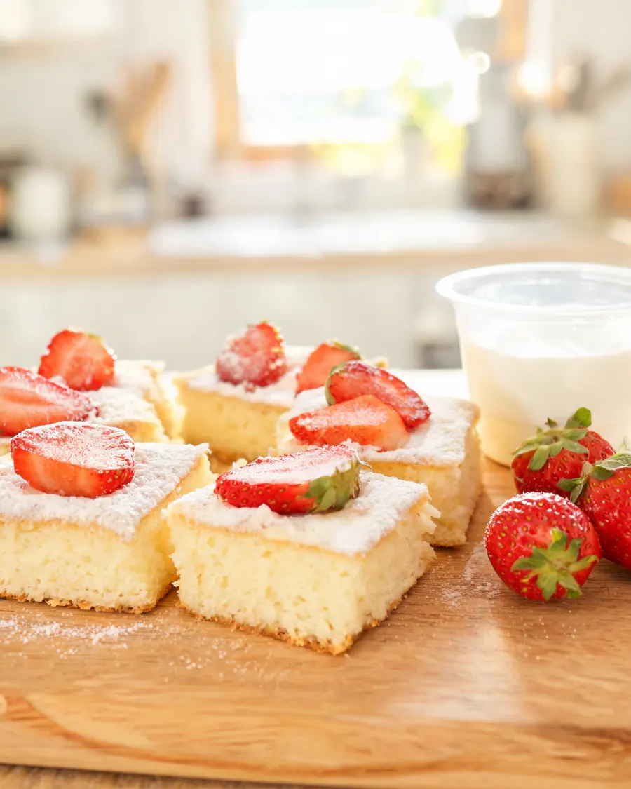 Joghurtbecherkuchen vom Blech mit frischen Erdbeeren (KI-generiertes Bild)