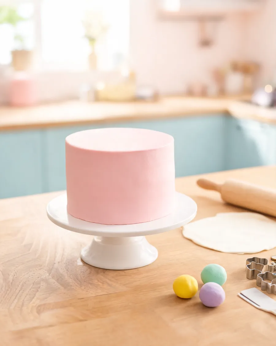 Runde Torte mit glattem rosa Fondant, daneben Nudelholz, Fondant-Kugeln und Ausstecher (KI-generiertes Bild)