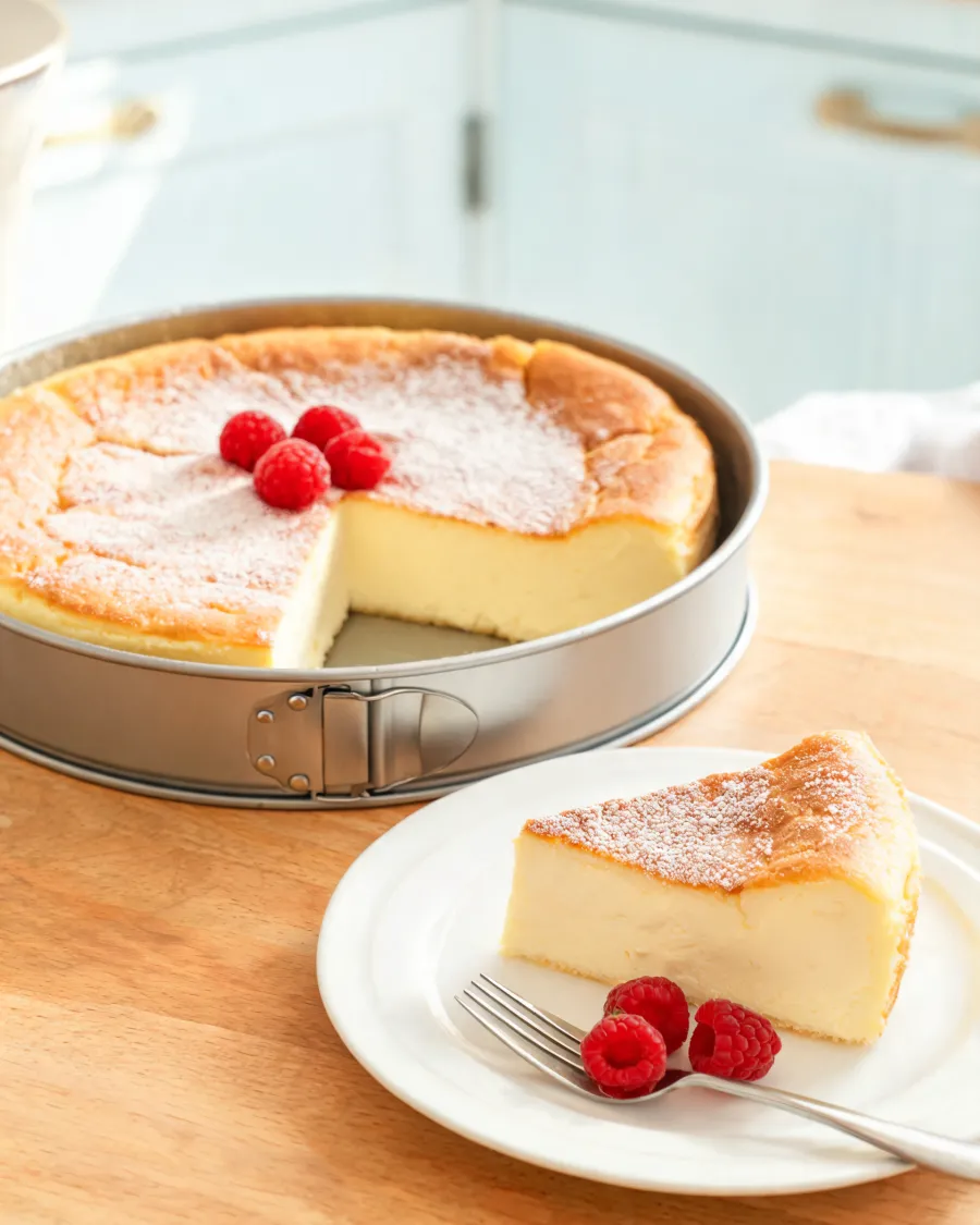 Goldbrauner Käsekuchen ohne Boden, ein Stück auf einem Teller mit Himbeeren (KI-generiertes Bild)